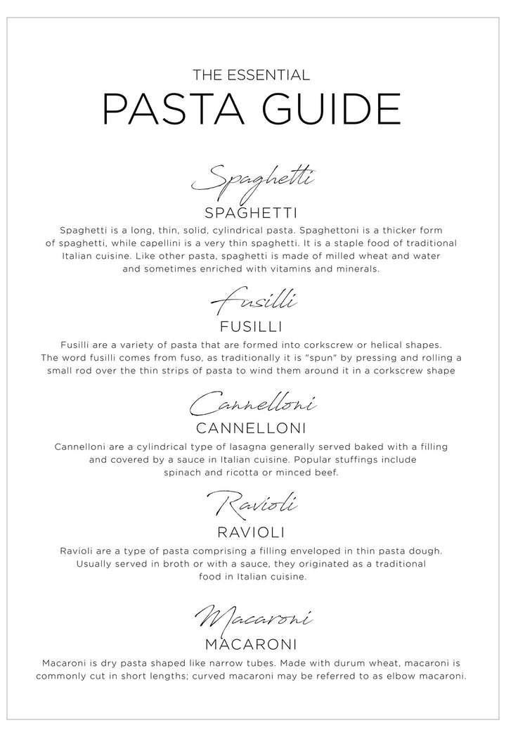Pasta guide with definitions of various pasta shapes on a white background