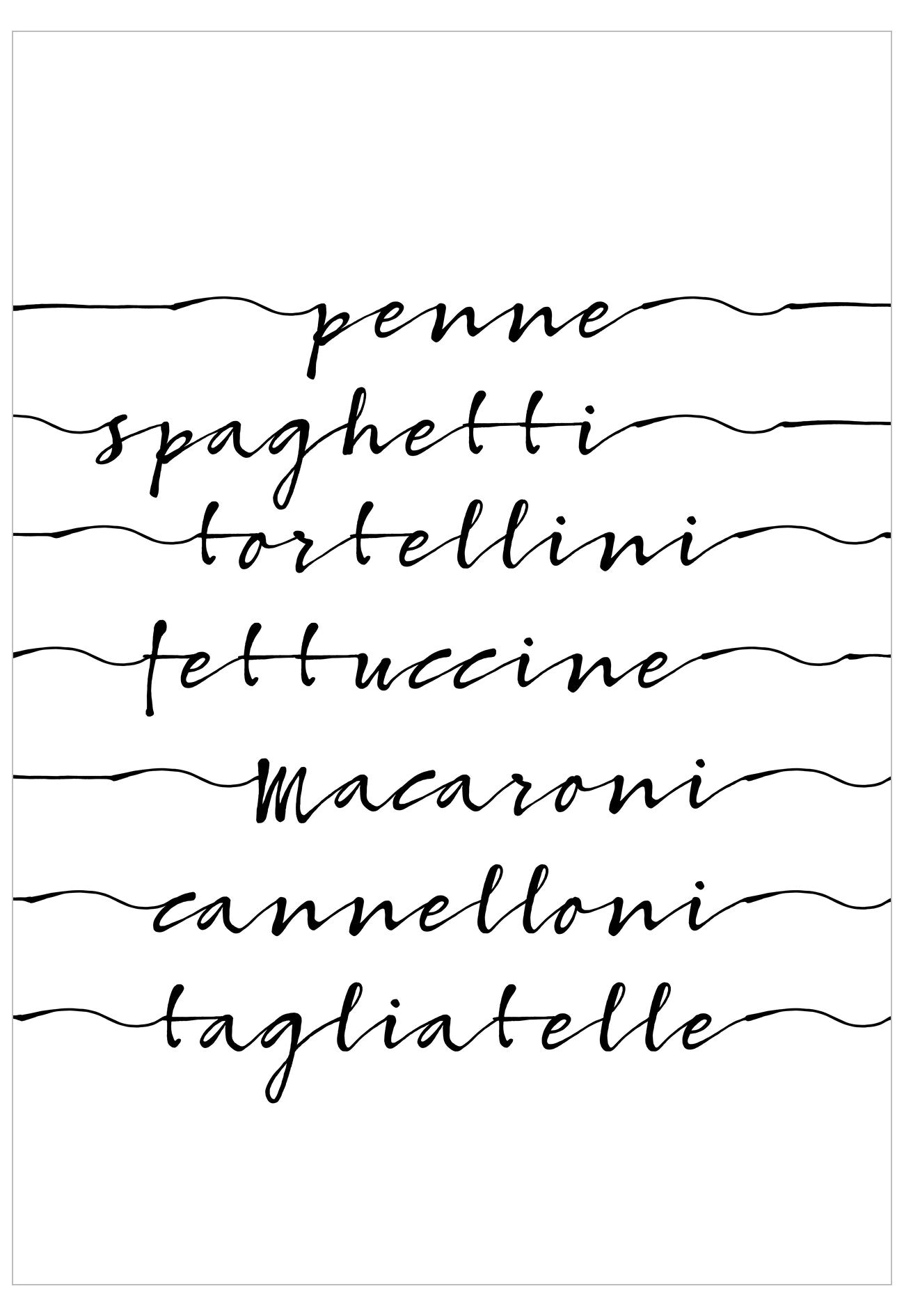 List of pasta types in calligraphic text on a white background