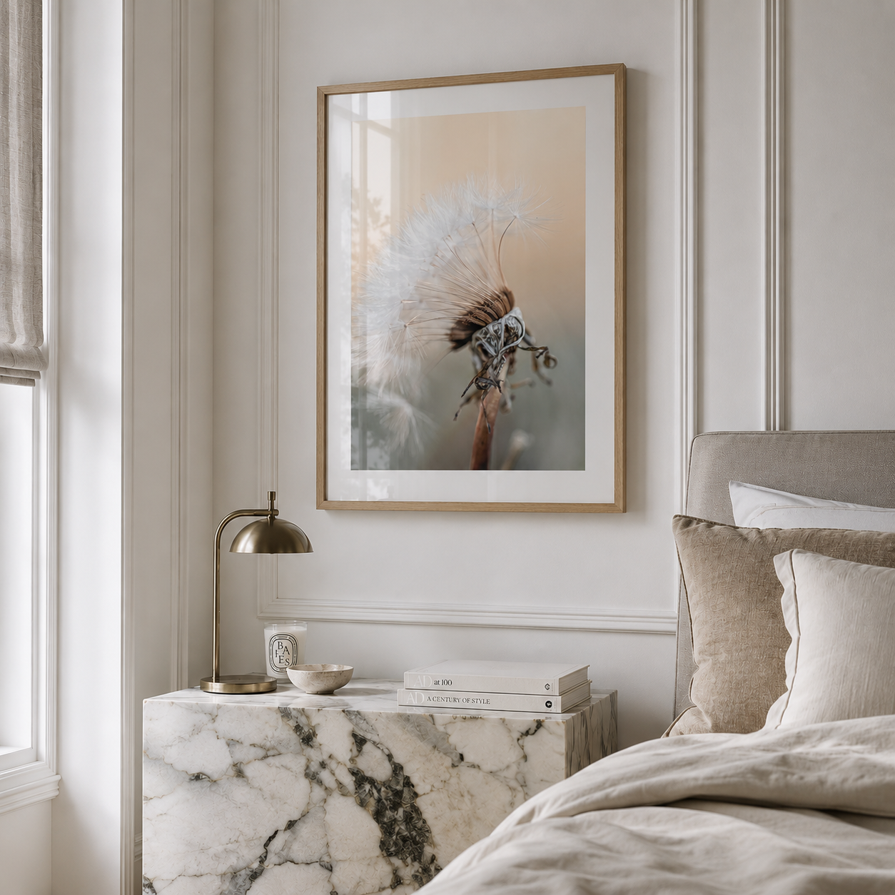 pastel dandelion botanical wall art in luxury bedroom
