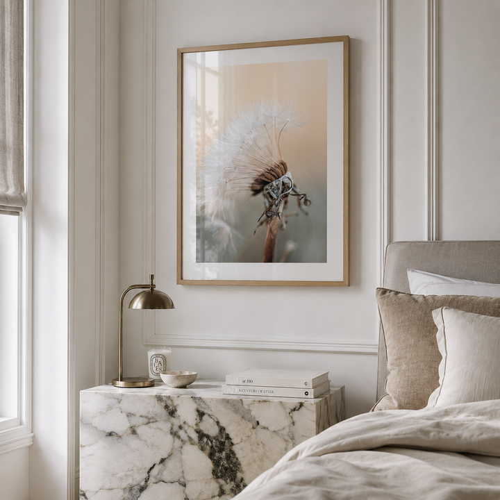 pastel dandelion botanical wall art in luxury bedroom