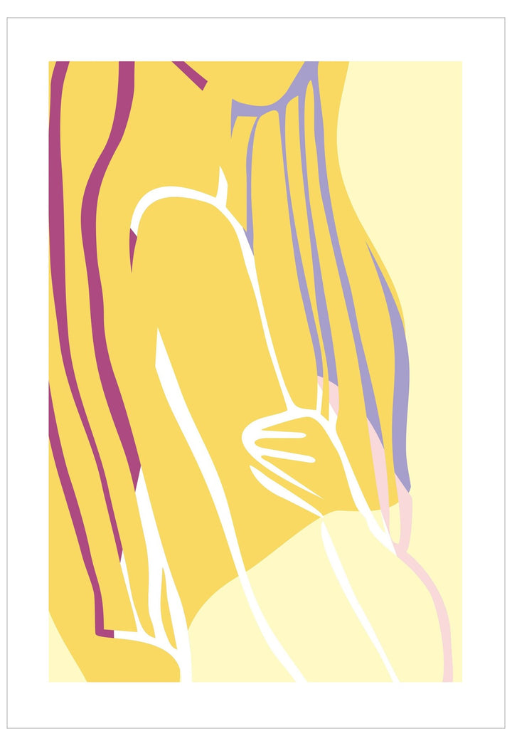Abstract art with wavy lines in yellow, purple, and white on a white background