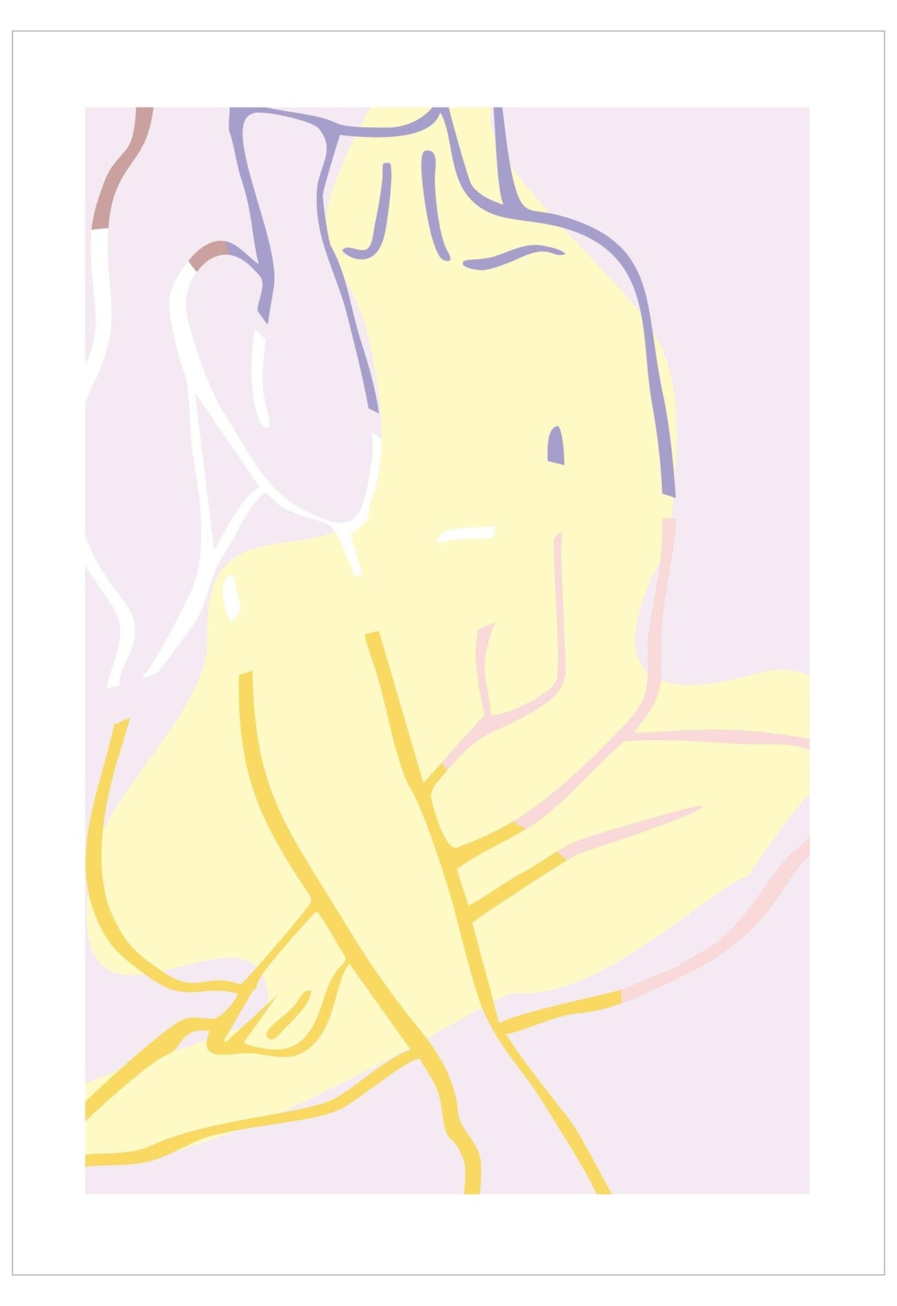 Simplified line drawing of a nude figure on a light purple background