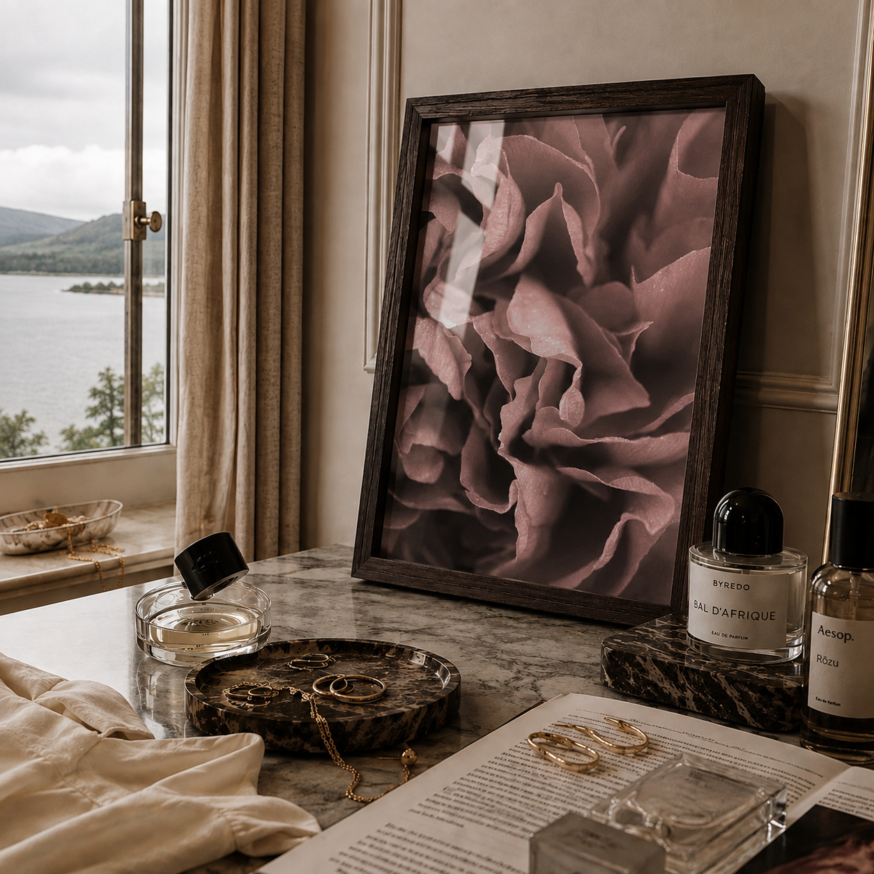 A framed art print featuring a close-up of dusty rose peony petals, styled on a marble desk next to a window with a lake view, alongside perfume bottles, rings, and an open book.