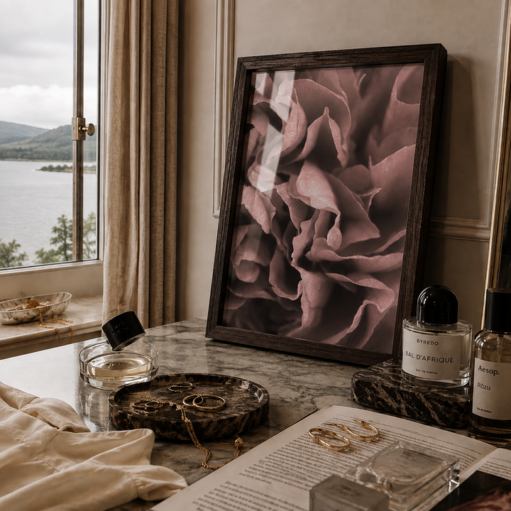 A framed art print featuring a close-up of dusty rose peony petals, styled on a marble desk next to a window with a lake view, alongside perfume bottles, rings, and an open book.