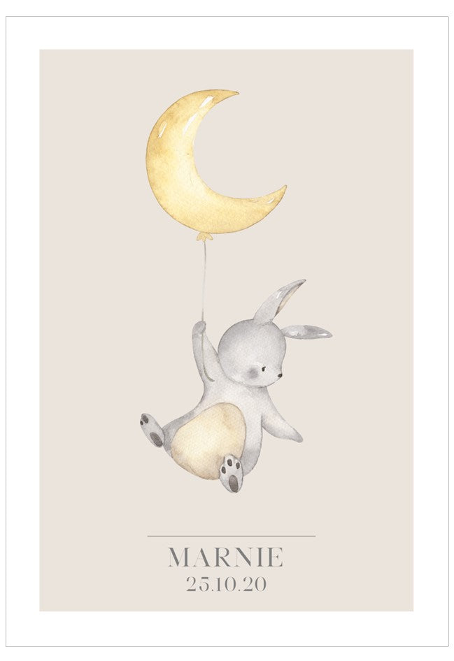 Illustration of a bunny and moon balloon on a light beige background with text 'MARNIE 25.10.20'.
