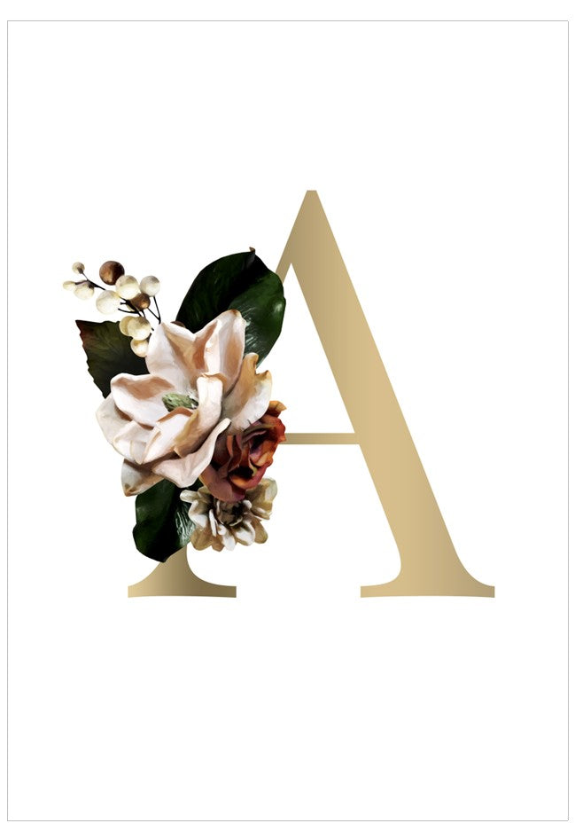 Gold letter 'A' with floral decorations on a white background