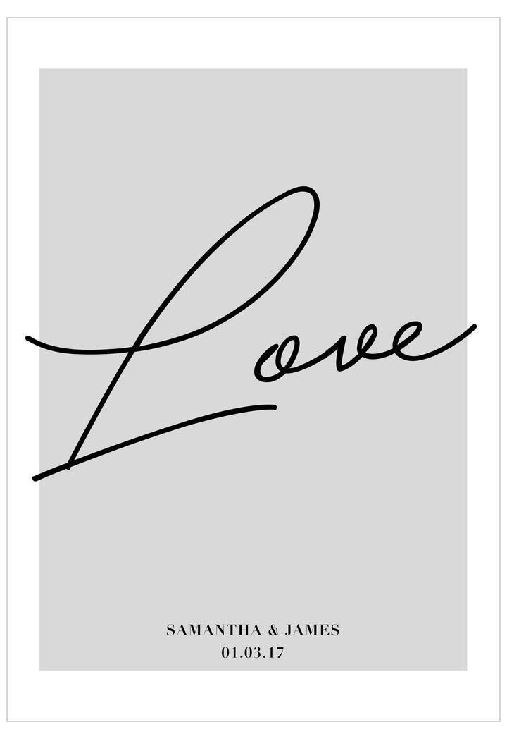 Decorative poster with the word 'Love' in a cursive font on a light gray background.