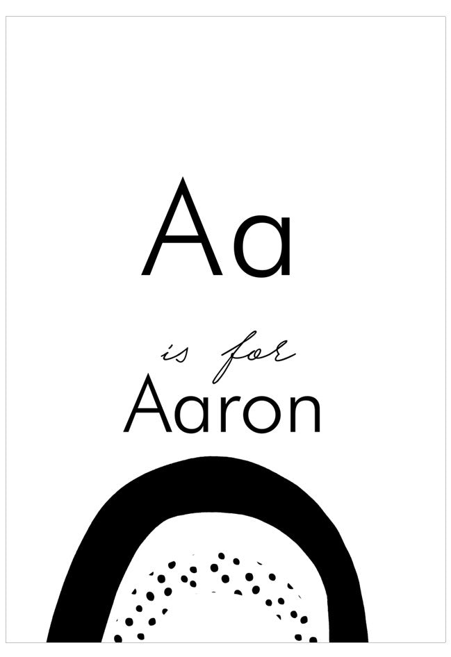 Black and white graphic with 'Aa is for Aaron' text on a white background