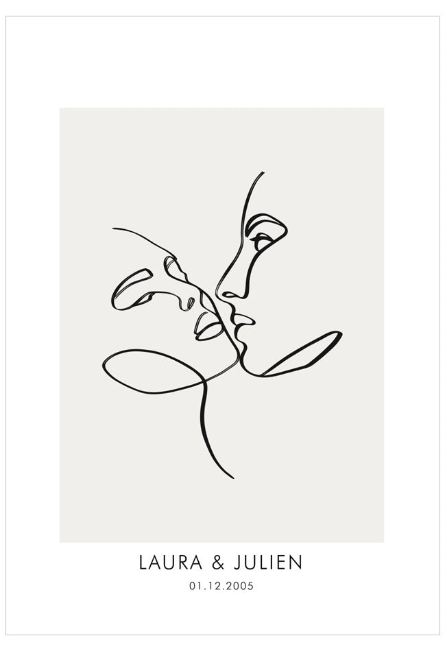 Abstract line art of two faces on a white background with 'Laura & Julien' text.