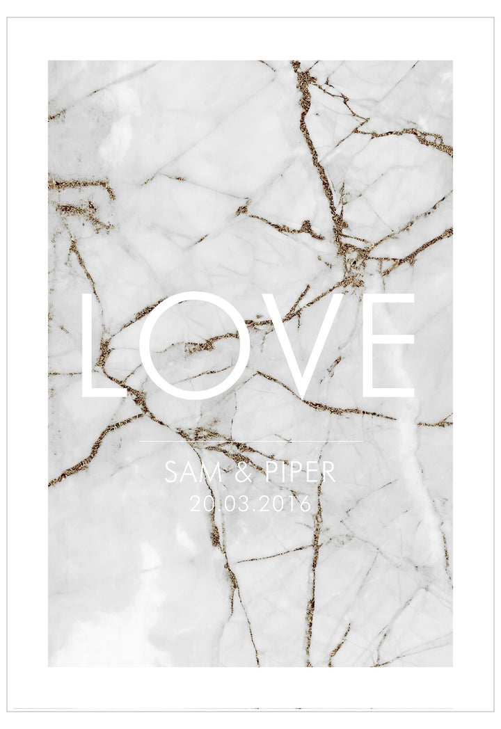 Marble-patterned background with 'LOVE' and names 'SAM & PIPER' printed on it.