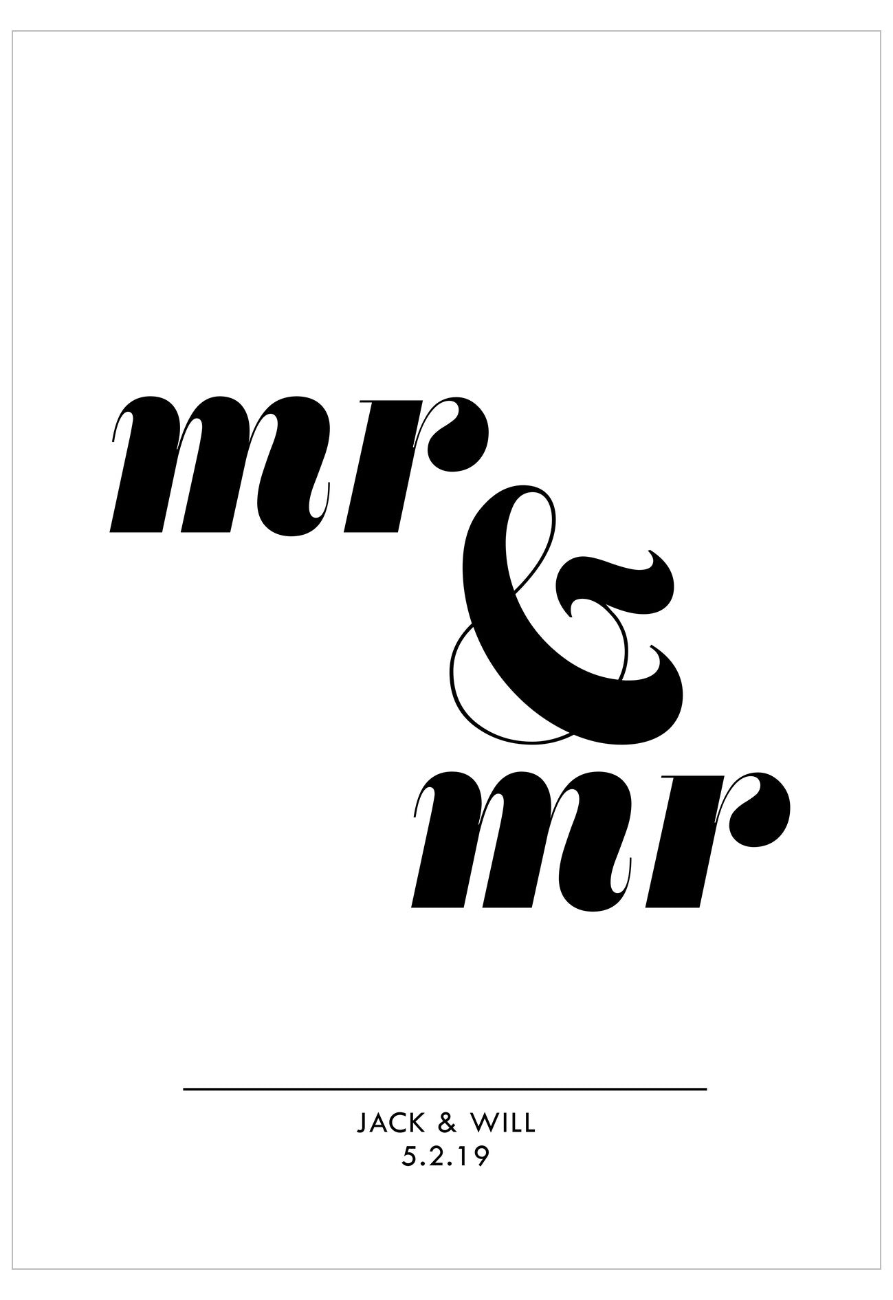 Black text 'mr & mr' on a white background with personalized names and date.