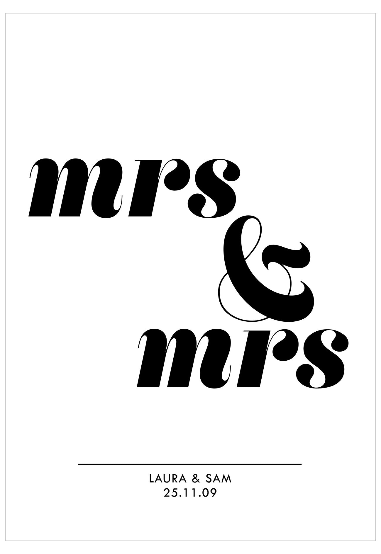 Black text 'mrs & mrs' on a white background with personalized names and date.