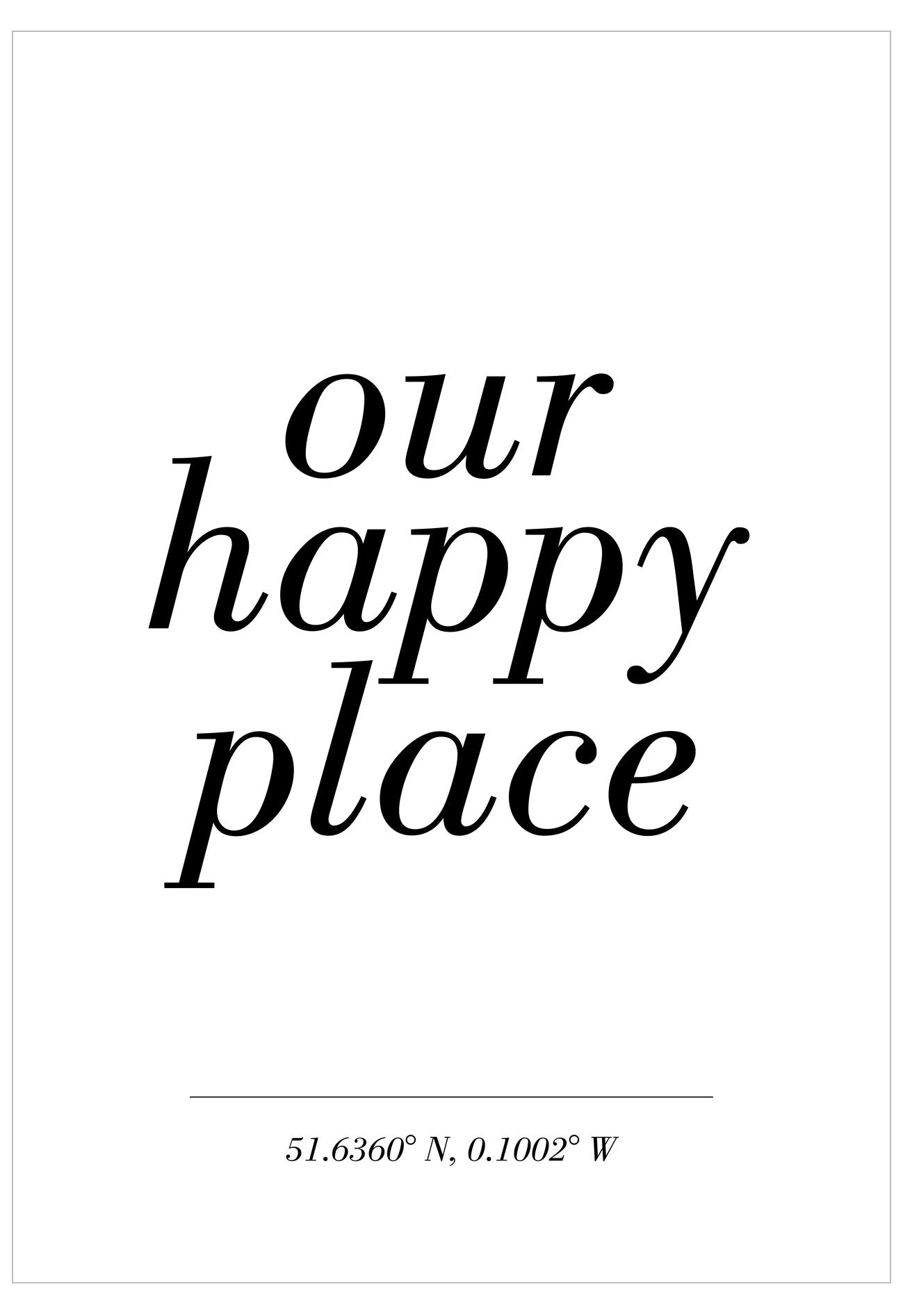 Text 'our happy place' on a white background with coordinates below.