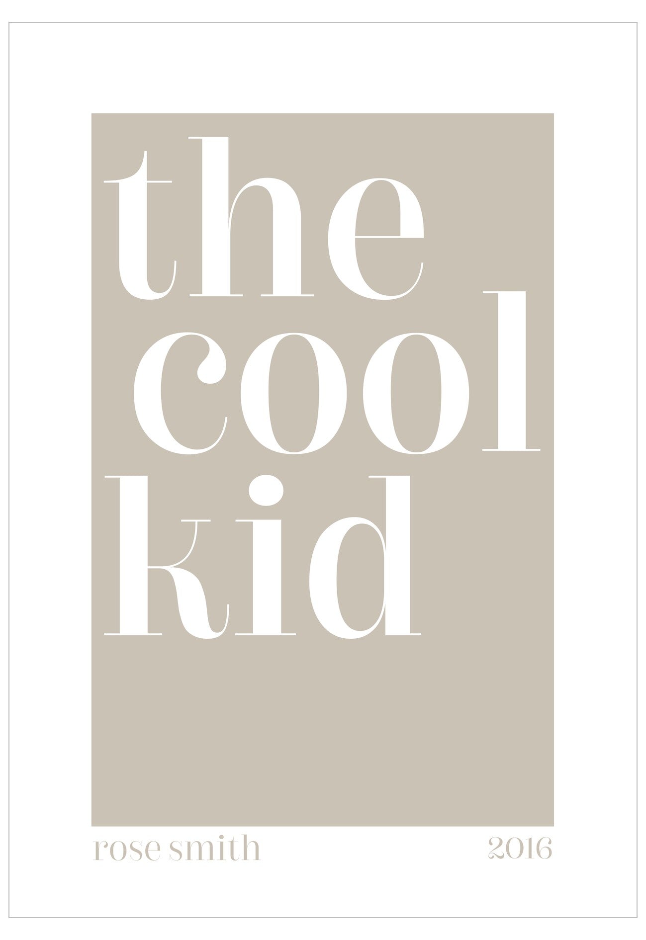 Beige book cover with 'the cool kid' text and author name on a white background