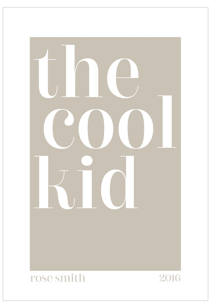 Beige book cover with 'the cool kid' text and author name on a white background
