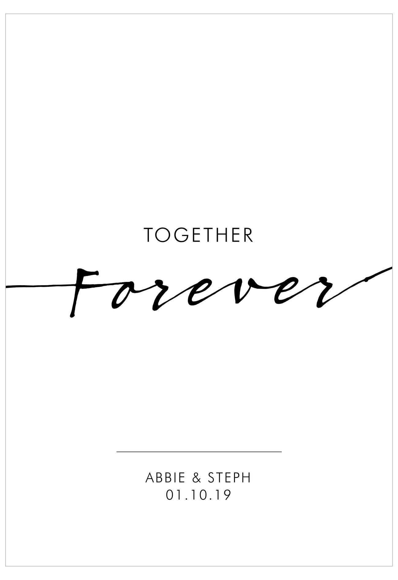 Card with 'Together Forever' text and personalized details on a white background