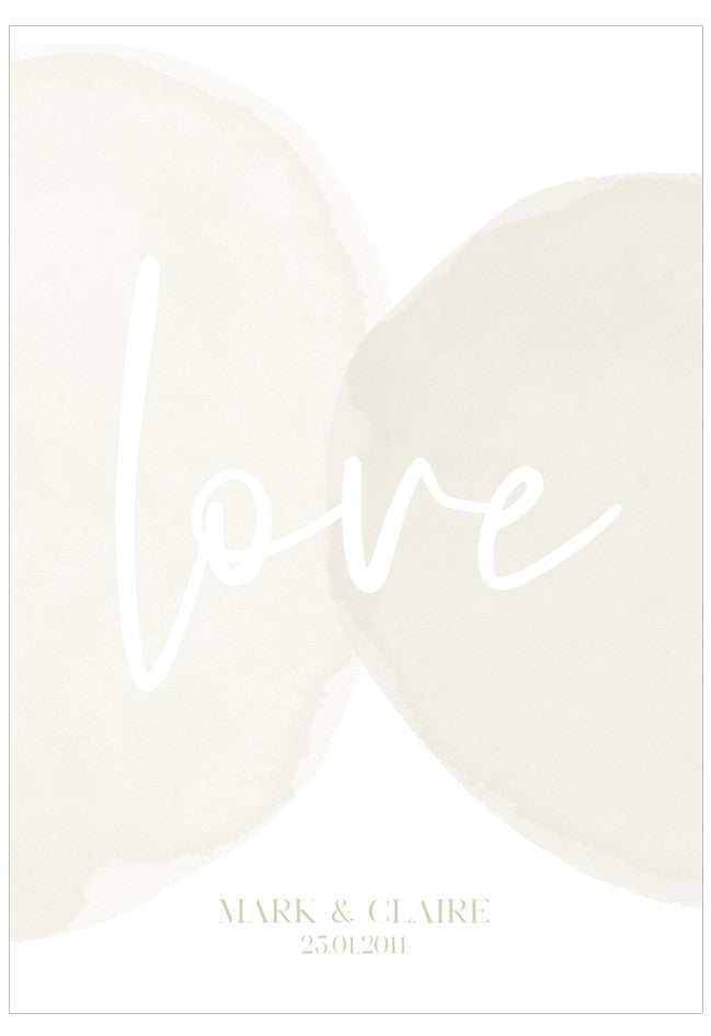 Wedding invitation card with 'love' in cursive and personalized text on a light background