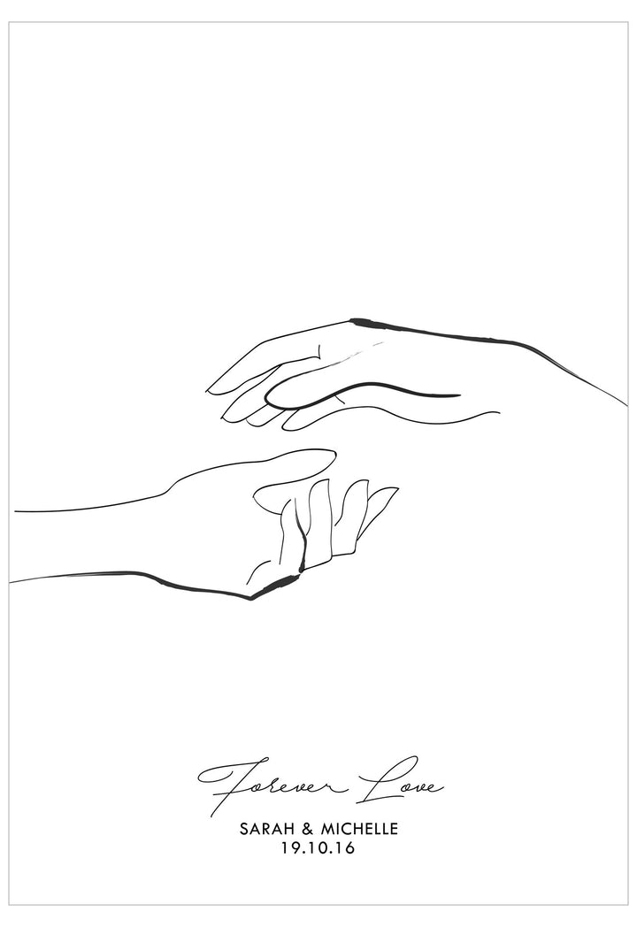 Line drawing of two hands reaching towards each other with 'Forever Love' and personalized text at the bottom on a white background.