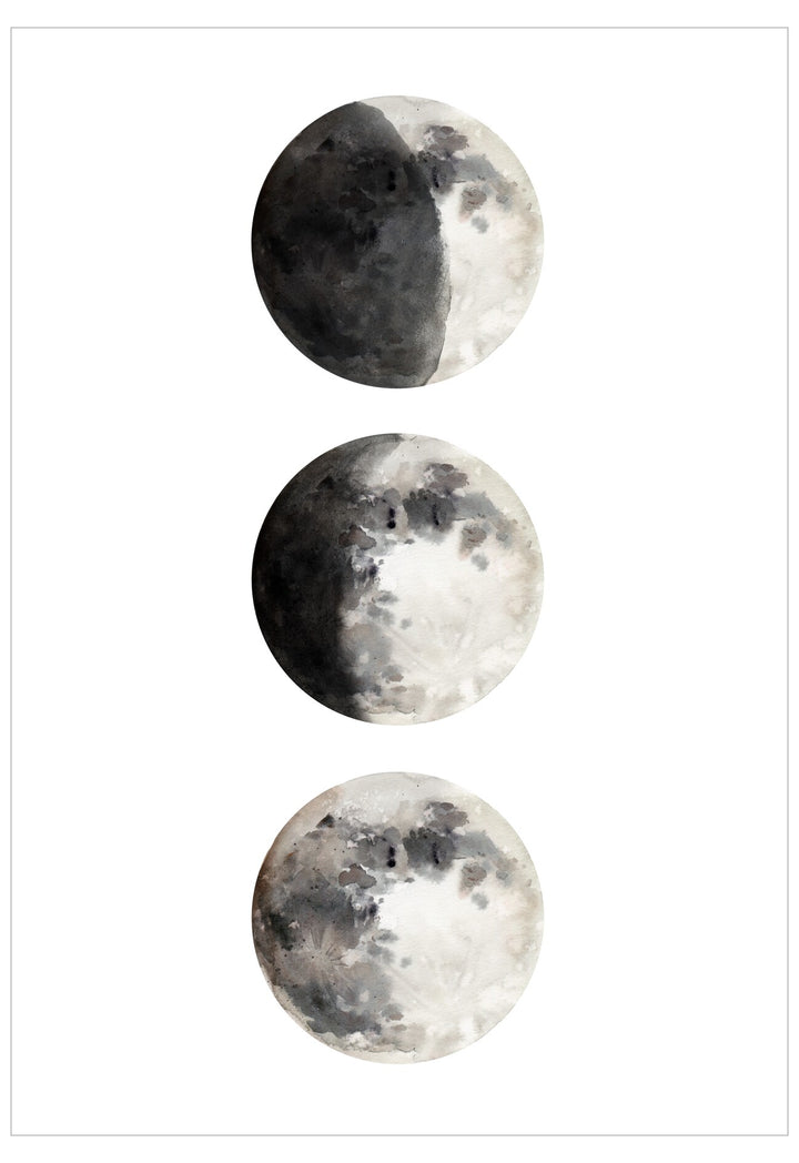 Three phases of the moon on a white background