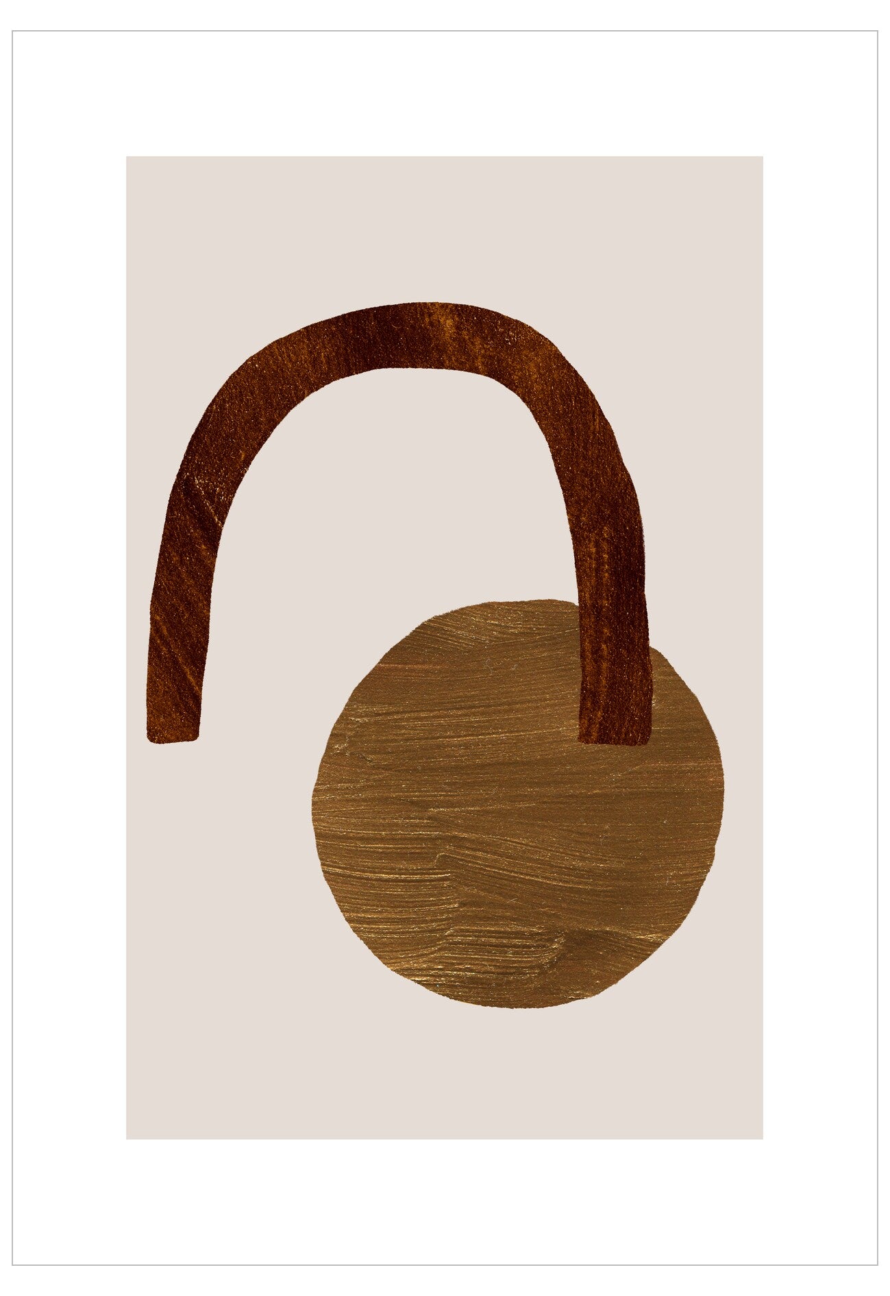 Abstract art piece with a brown arch and circle on a beige background