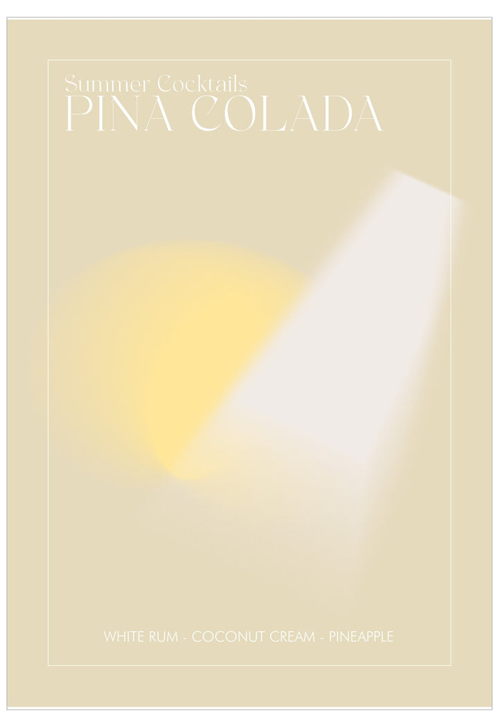 Pina Colada cocktail recipe card with a yellow and white design on a beige background