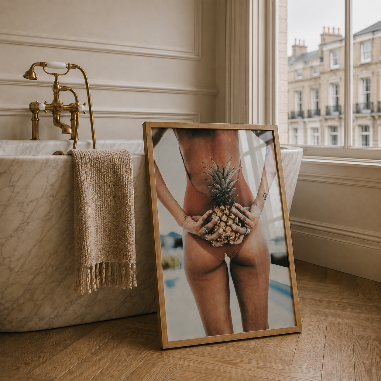 Framed artwork of a person holding a pineapple in a bathroom setting