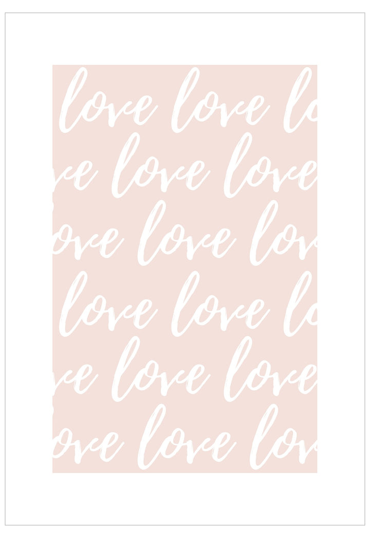 Repetition of the word 'love' in various fonts on a pink background