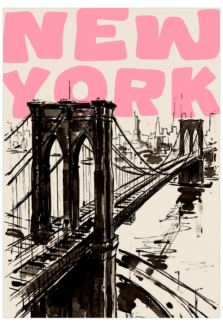 Illustration of the Brooklyn Bridge with 'New York' text in pink above it.