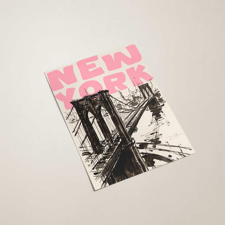 New York-themed postcard with Brooklyn Bridge illustration and pink text on a light gray background