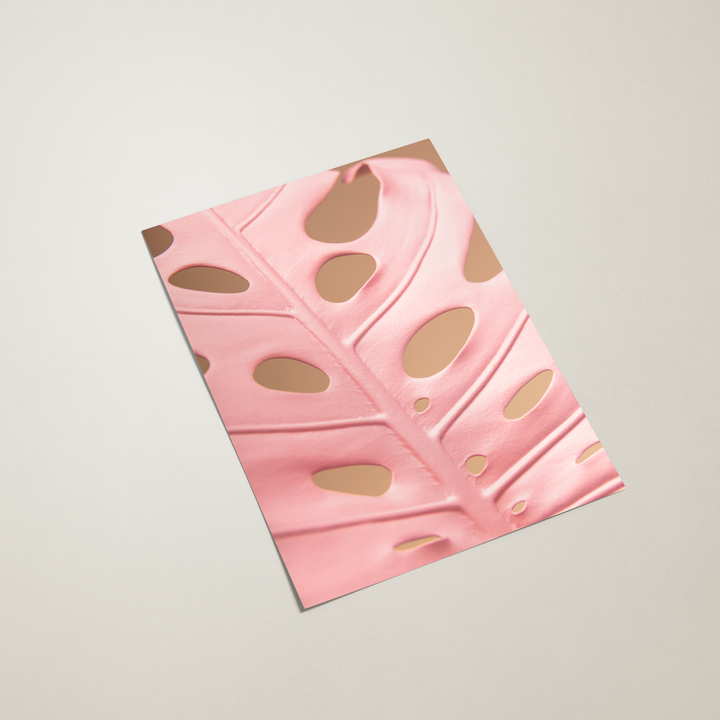 Close-up poster of a pink monstera leaf