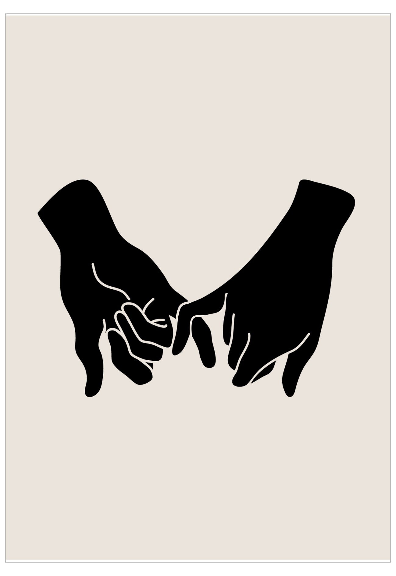 Black silhouette of two hands holding each other on a beige background