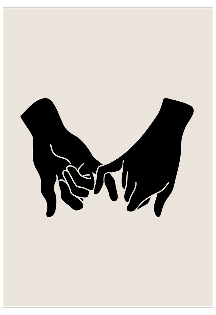 Black silhouette of two hands holding each other on a beige background