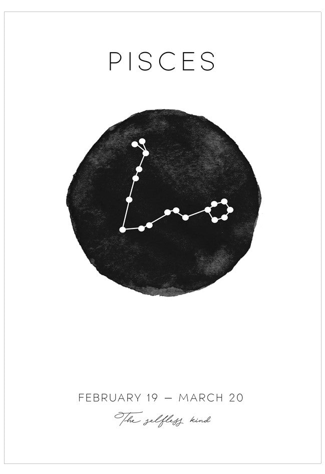 Pisces zodiac sign illustration with constellation on a black circle against a white background