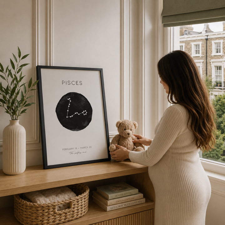 A woman in a ribbed cream dress stands by a window beside a framed Pisces zodiac art print on a wooden shelf, holding a teddy bear. The room has warm neutral tones, a vase with greenery, and a window view.