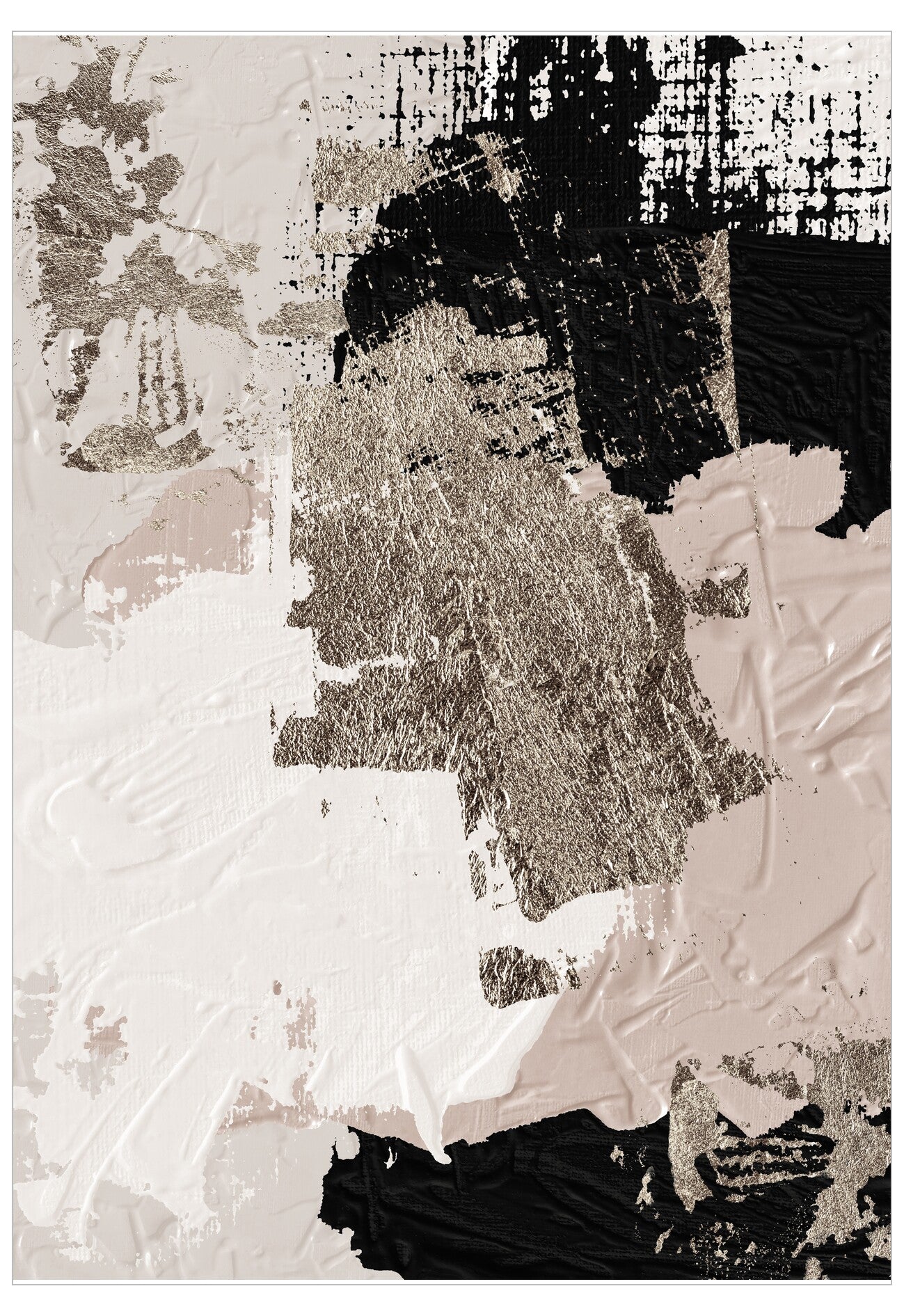 Abstract art piece with black, white, and gray textures on a textured background