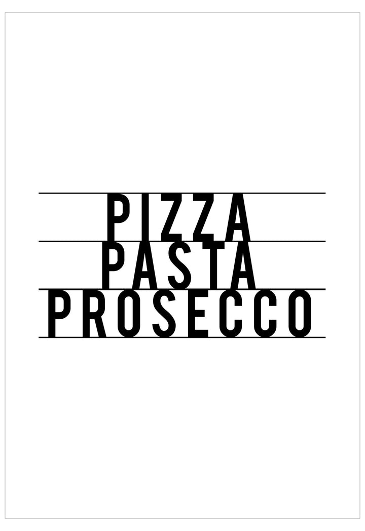 Text 'Pizza Pasta Prosecco' in black on a white background