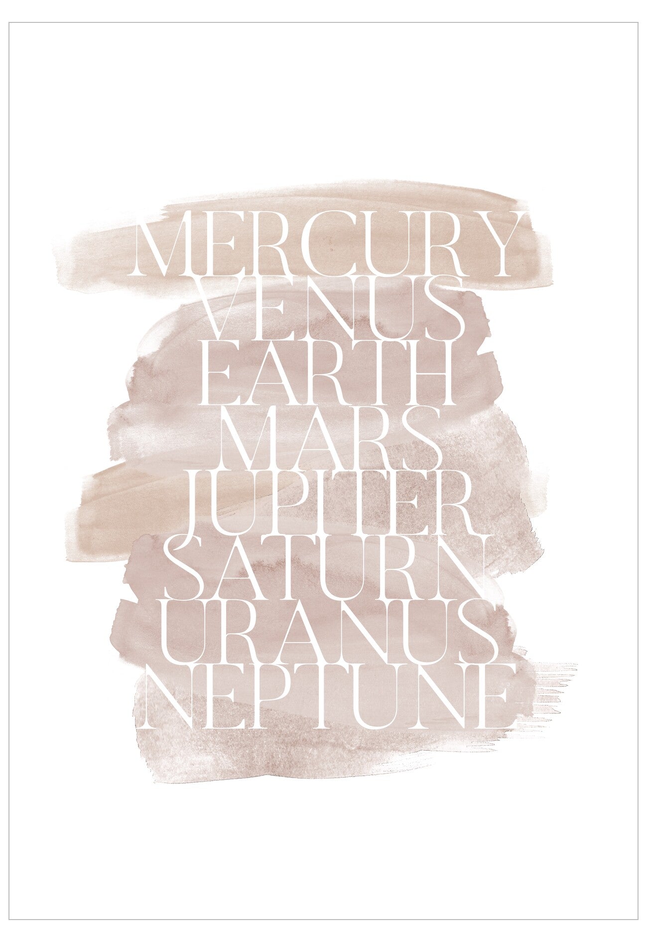 Names of planets in white text on a beige brushstroke background