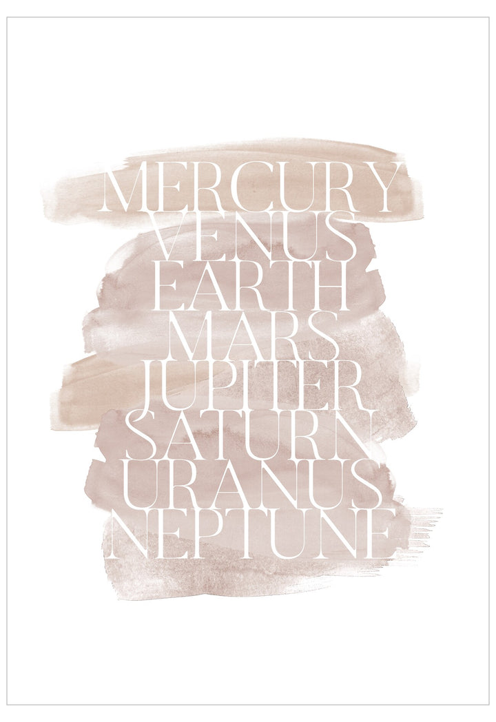 Names of planets in white text on a beige brushstroke background