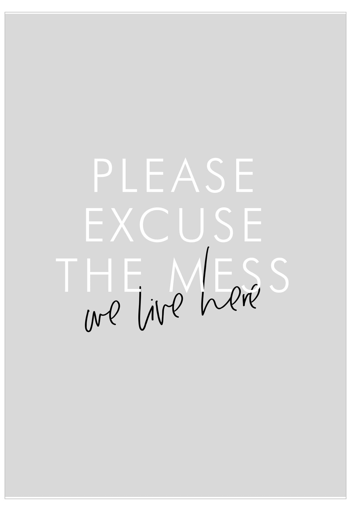 Text 'PLEASE EXCUSE THE MESS we live here' on a gray background