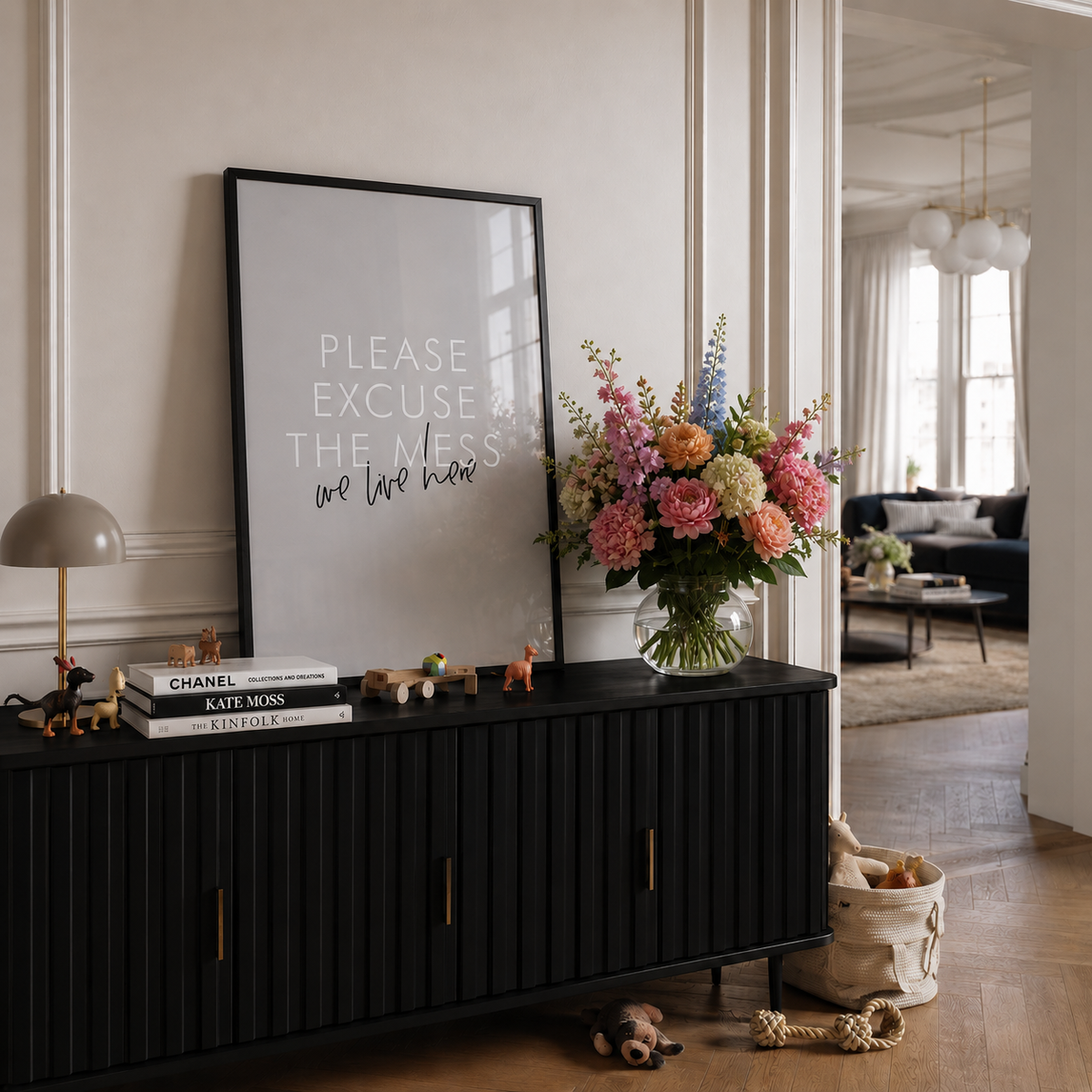 Please excuse the mess we live here, grey wall art