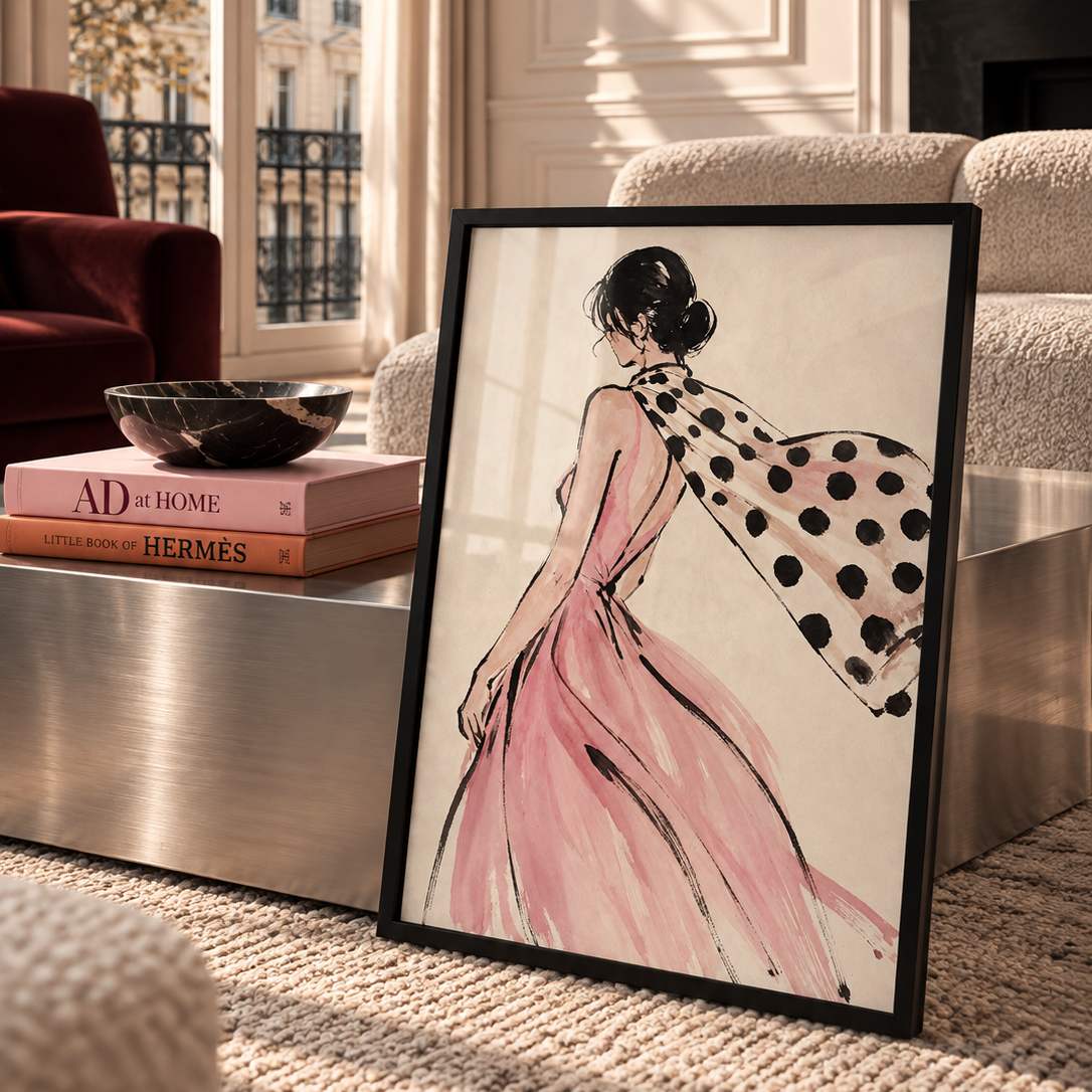 Illustrated wall art of a fashionable woman in a pink dress with a statement polka dot scarf