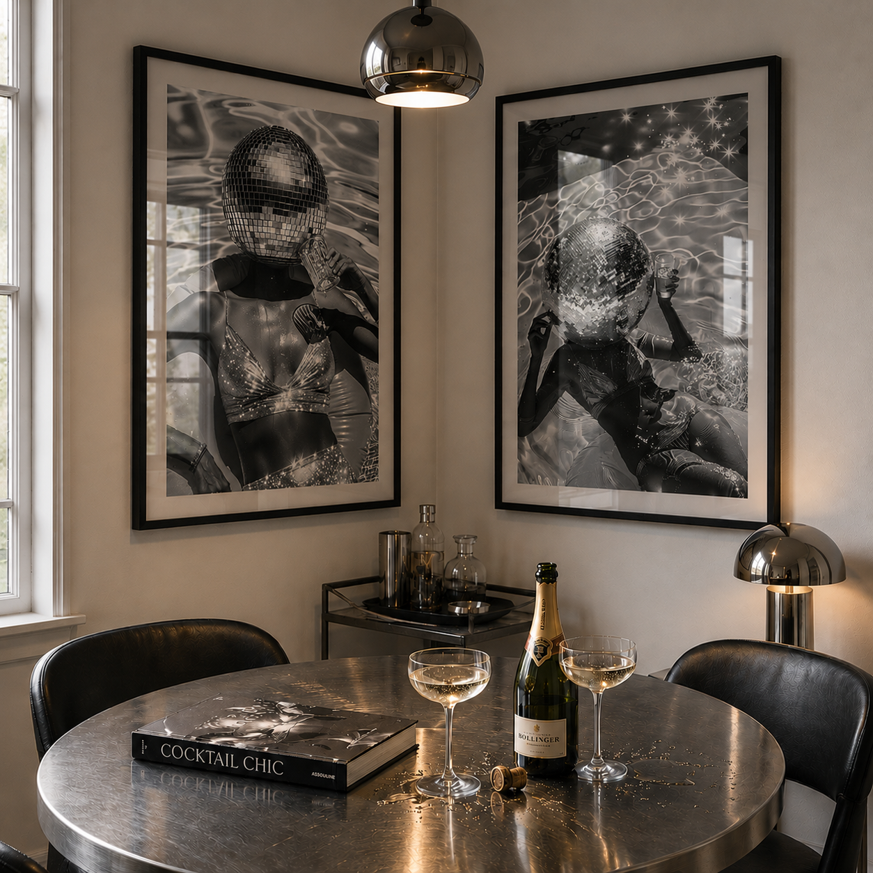Dining room with a table set for a cocktail, featuring a bottle of champagne, two glasses, and a book titled 'Cocktail Chic'. Two framed black and white artworks are on the wall.
