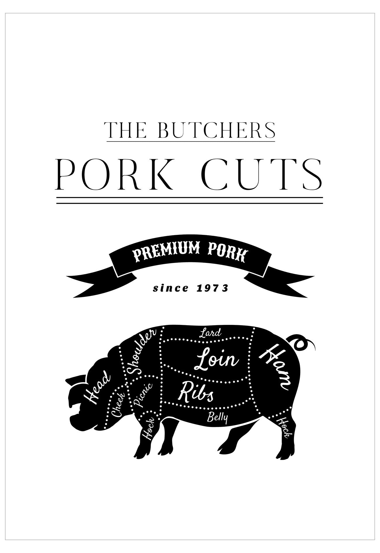Diagram of pork cuts with 'The Butchers' branding on a white background