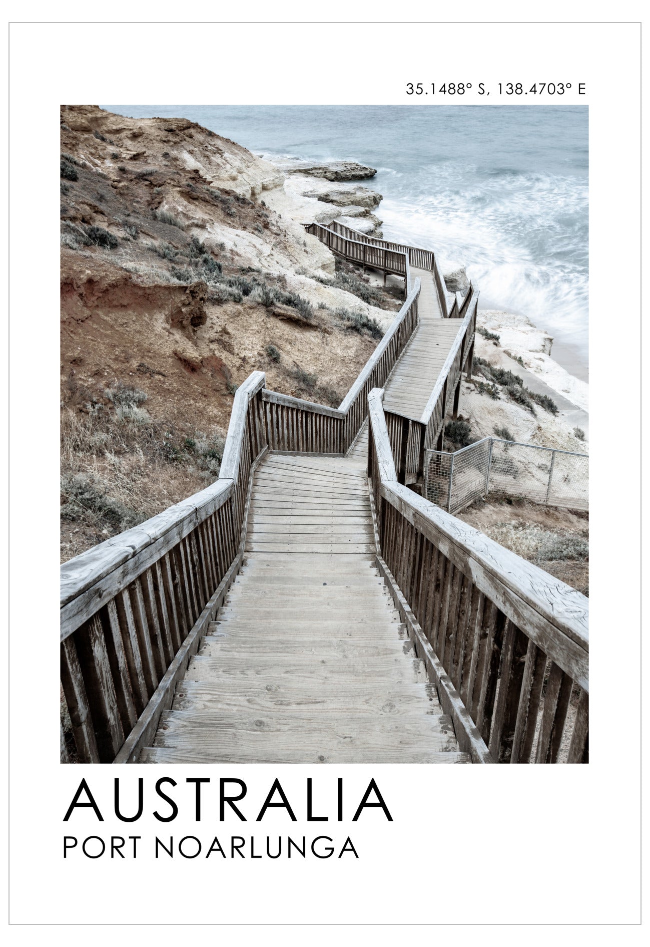 Wooden staircase leading down to the ocean with 'Australia Port Noarlunga' text at the bottom.