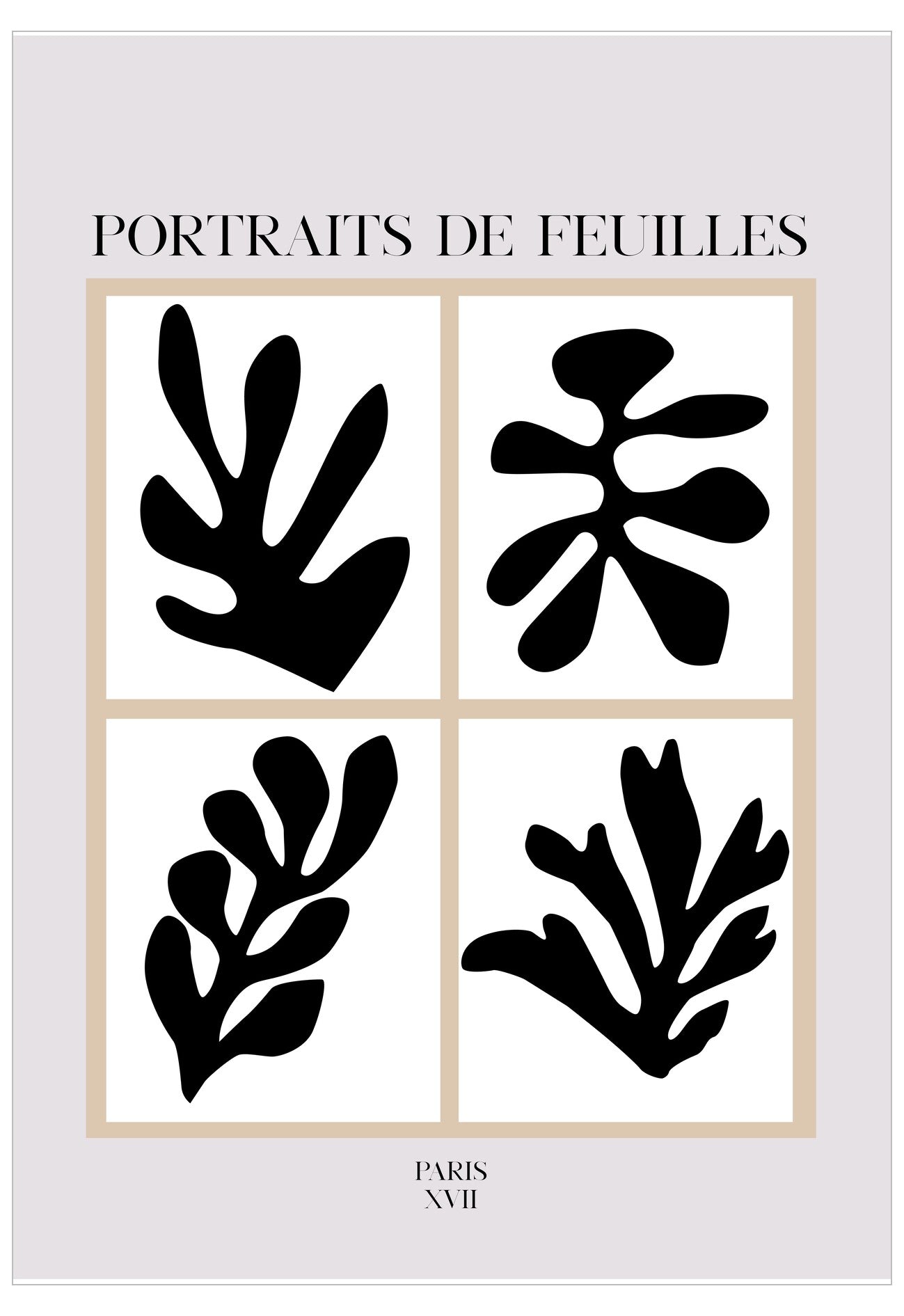 Poster with black leaf-like shapes on a white background, featuring the text 'Portraits de Feuilles' and 'Paris XVII'.