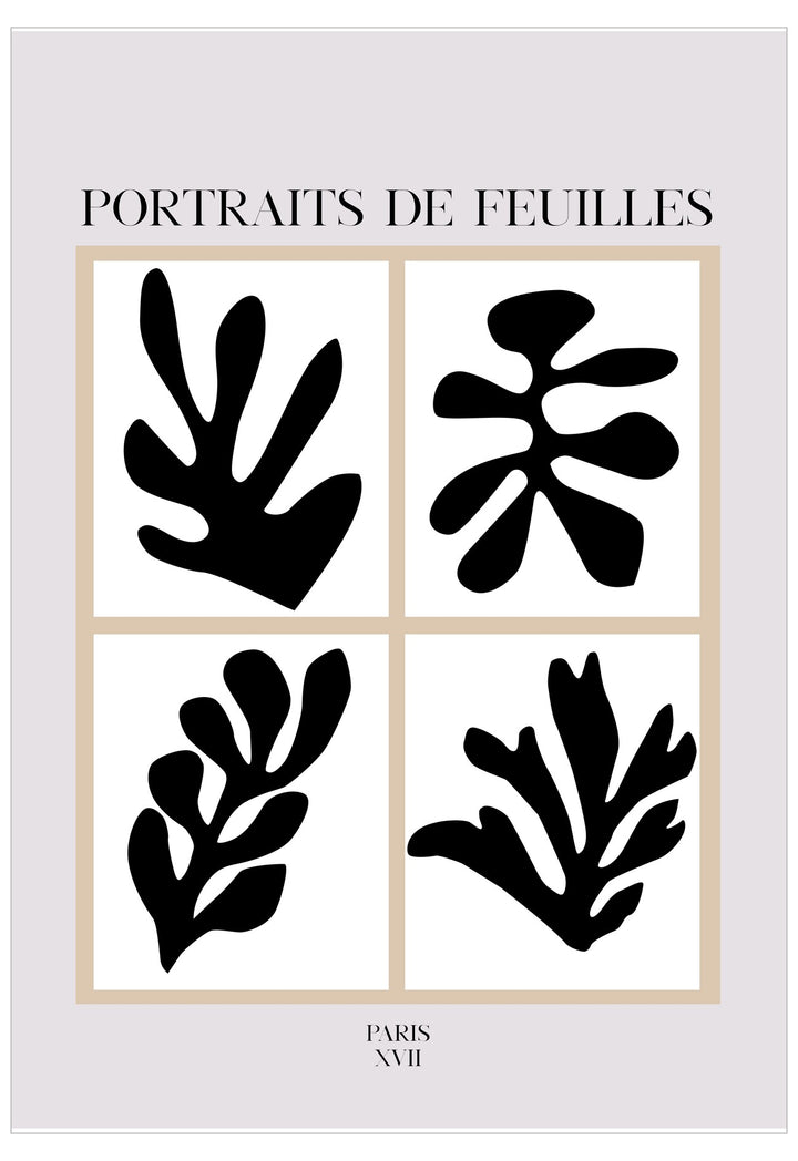 Poster with black leaf-like shapes on a white background, featuring the text 'Portraits de Feuilles' and 'Paris XVII'.