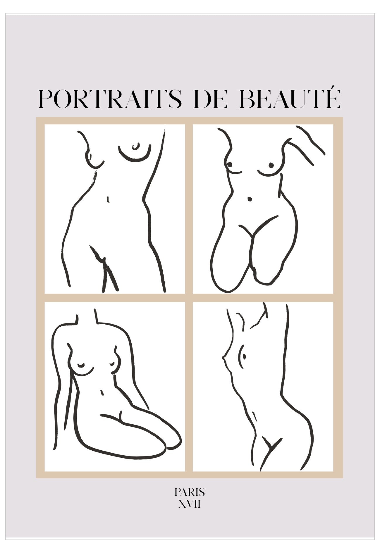 Poster with line drawings of nude figures and text 'Portraits de Beaçè' on a light gray background.