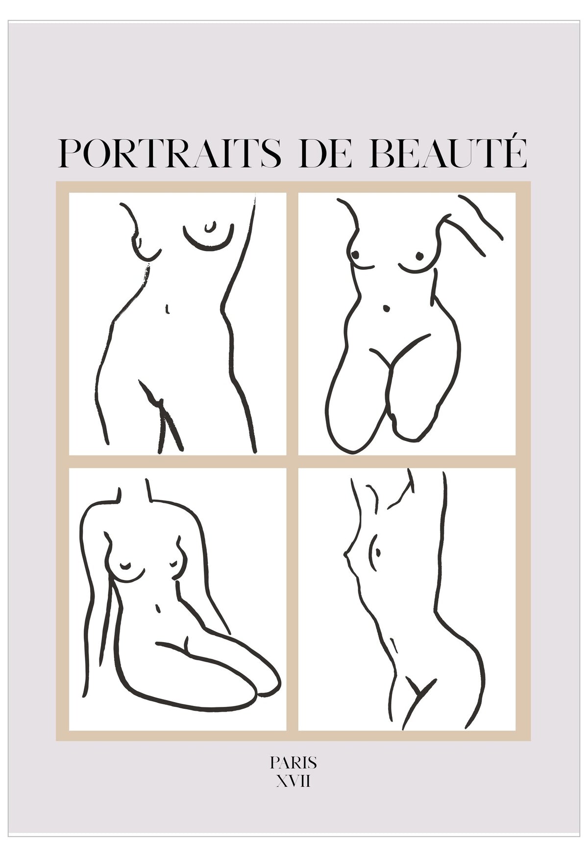 Poster with line drawings of nude figures and text 'Portraits de Beaçè' on a light gray background.