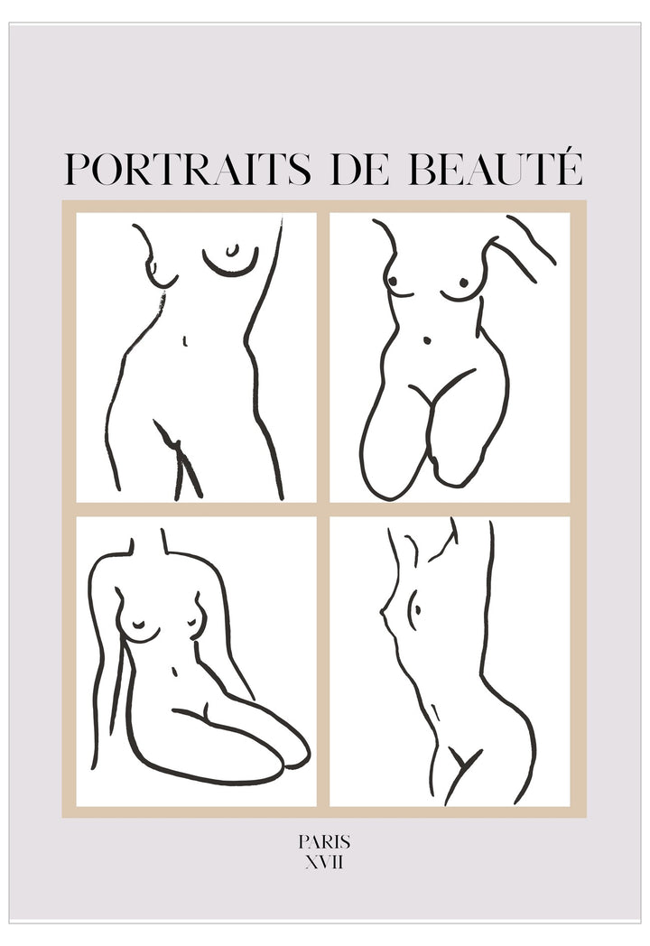 Poster with line drawings of nude figures and text 'Portraits de Beaçè' on a light gray background.