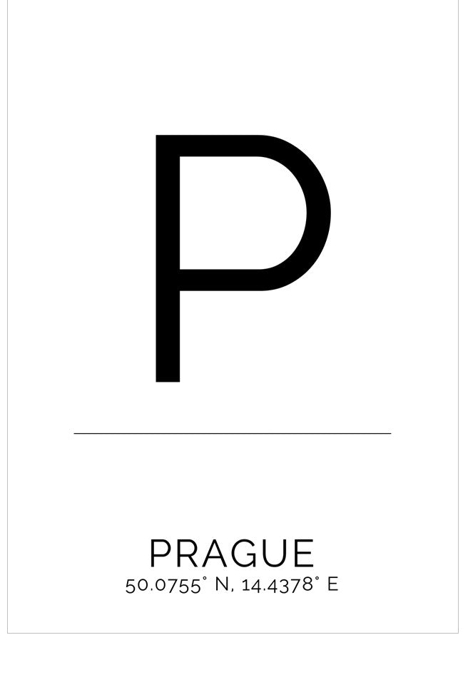 Black letter 'P' and text 'PRAGUE 50.0755° N, 14.4378° E' on a white background